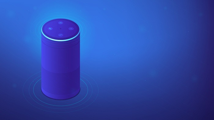 Isometric smart speaker or voice assistant. Voice activated digital assistants, home automation hub, internet of things concept. Blue violet background. Vector 3d isometric illustration.