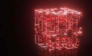 3d rendering of an abstract neon cube over a black reflective surface. The Tesseract. A fantastic illustration of the fifth dimension. The idea of quantum computing machines.